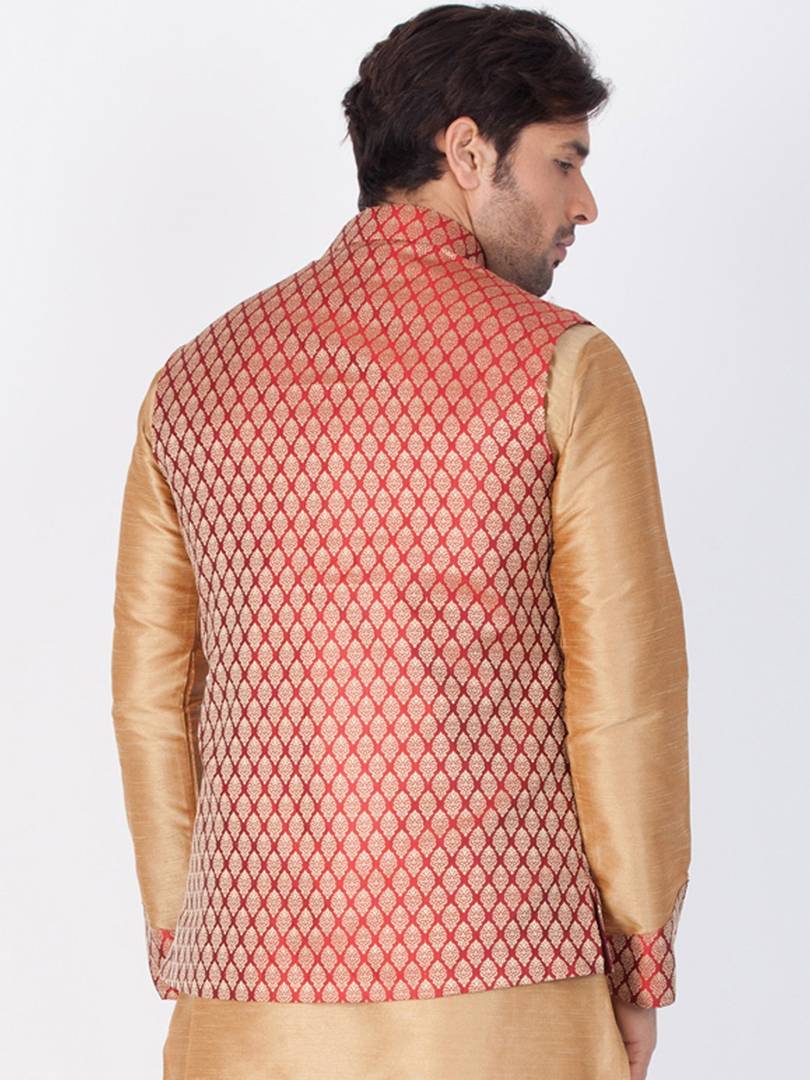 Men's Maroon 
Cotton Blend
 Woven Design Nehru Jackets